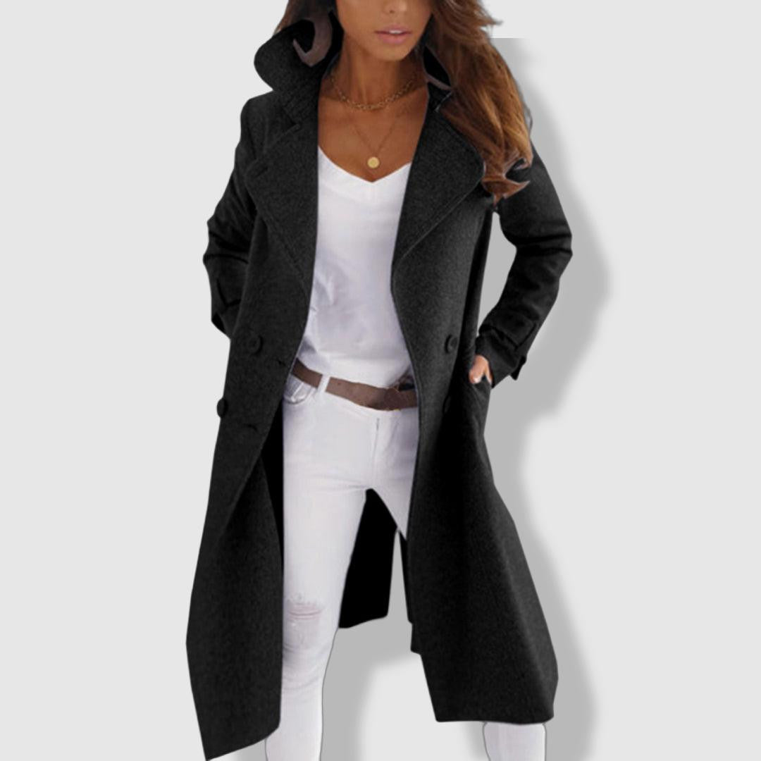 Chic Women’s Longline Wool Trench Coat – Double-Breasted Winter Jacket with Wide Lapel Design 0