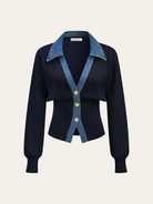 Demi | Denim Collar Metal Button V-Neck Knit Top 4