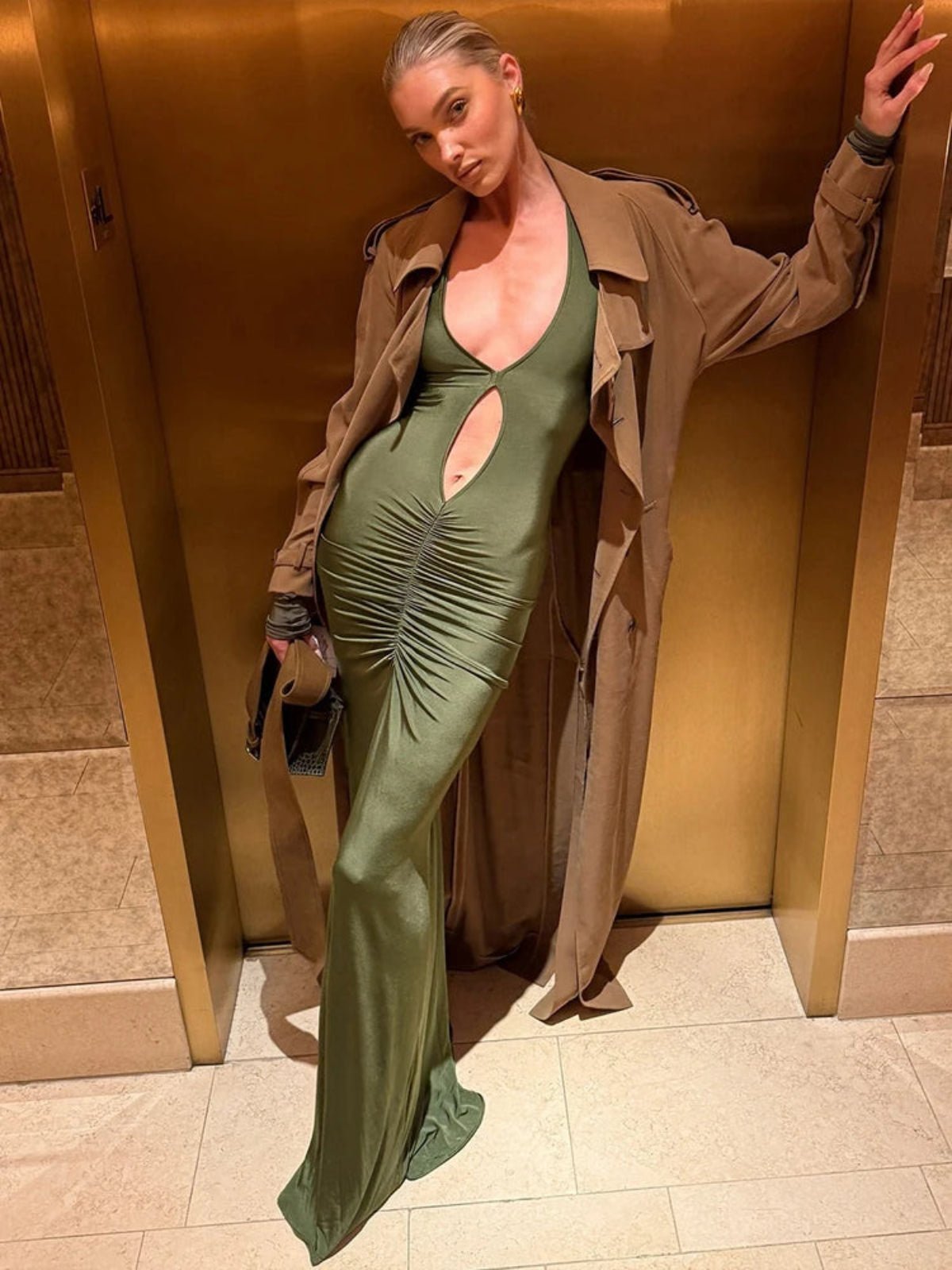 EmeraldDrape | Sophisticated Long Sleeve Maxi Dress with Plunging Neckline 3