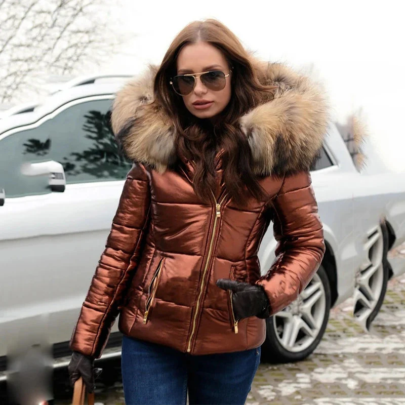 Fashionable Women’s Quilted Puffer Jacket – Insulated Slim Fit Coat with Faux Fur Hood for Winter 2