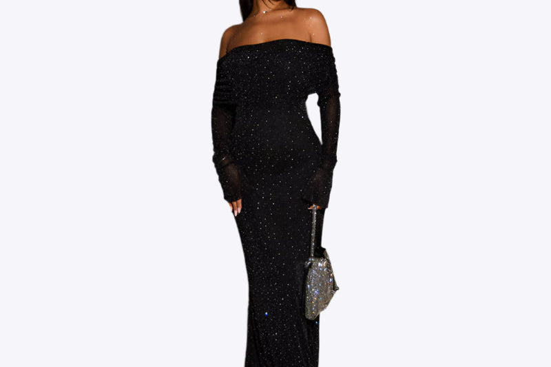 GlimmerStone | Elegant Off-Shoulder Sequined Wedding Guest Dress for Women 0