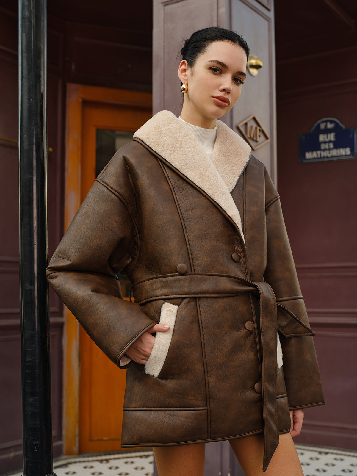 Meredith | Pockets Belted Faux Leather Fleece Jacket 3