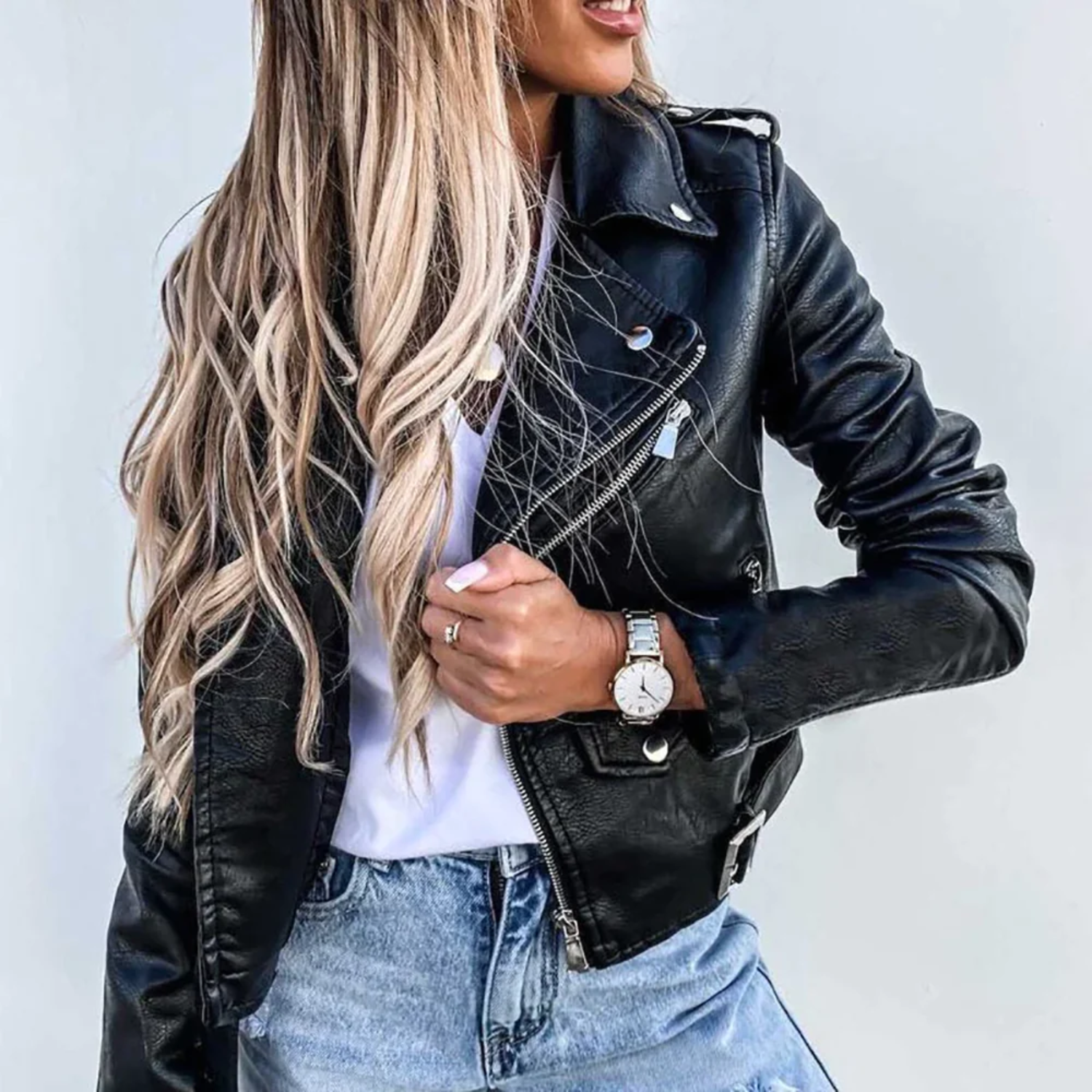 Nina Laurent | Women's Leather Jacket with Stand-Up Collar 3
