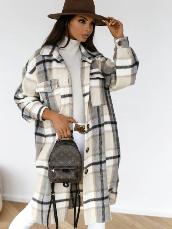 Oversized Wool Blend Coat for Women – Knee-Length Checked Winter Coat 0