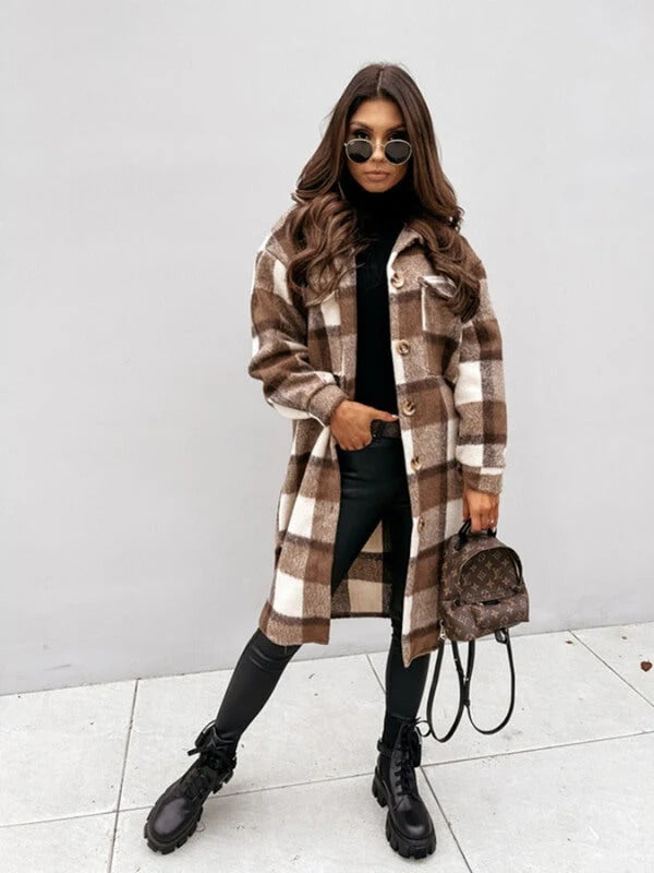 Oversized Wool Blend Coat for Women – Knee-Length Checked Winter Coat 2