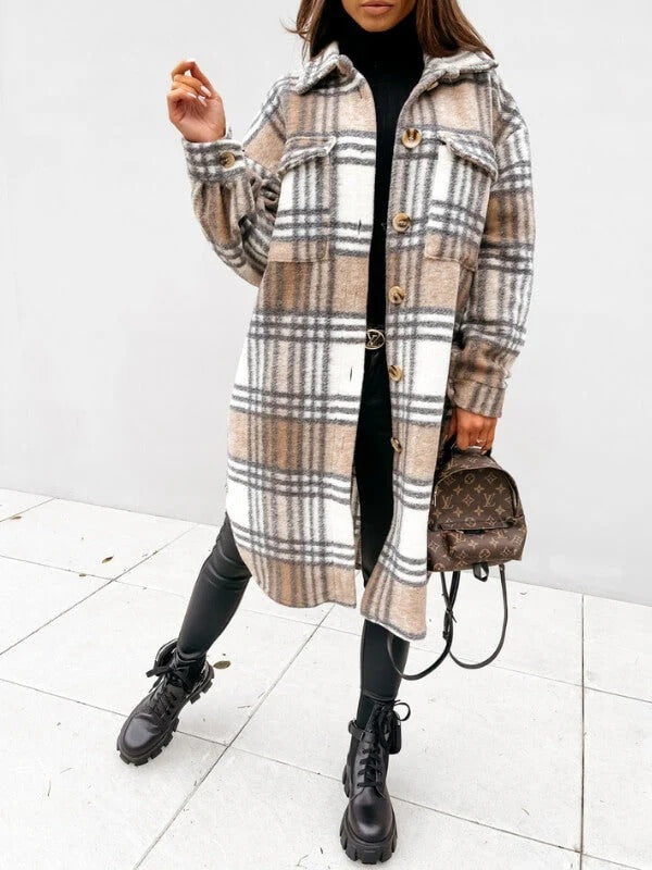 Oversized Wool Blend Coat for Women – Knee-Length Checked Winter Coat 3