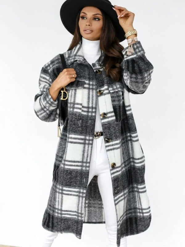 Oversized Wool Blend Coat for Women – Knee-Length Checked Winter Coat 4