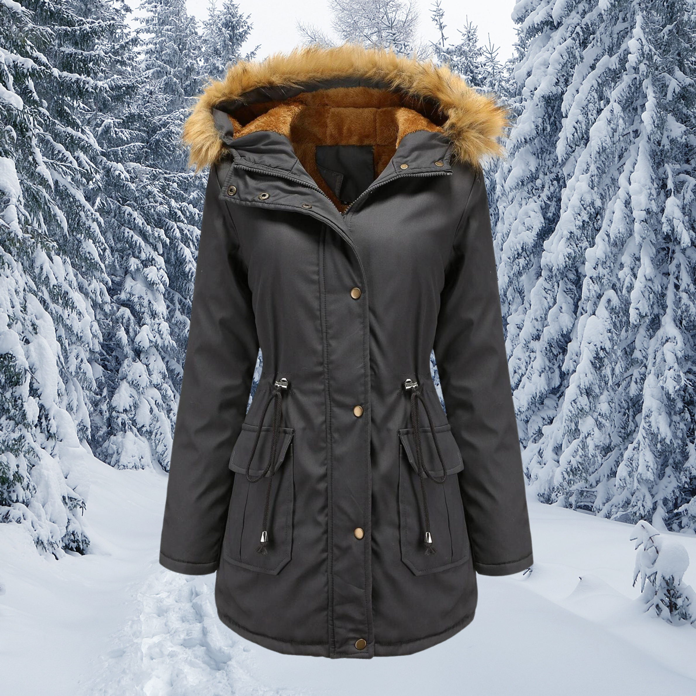 Padded fur collar with hood Warm winter jacket 4