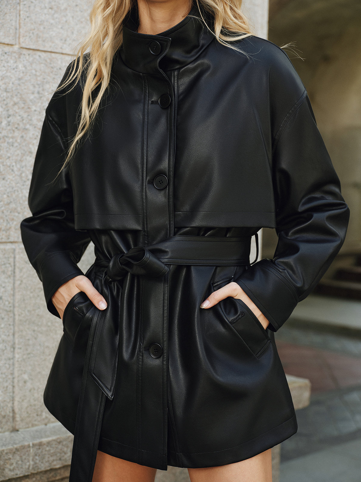 Shane | Stand Collar Belted PU Leather Quilted Jacket 2