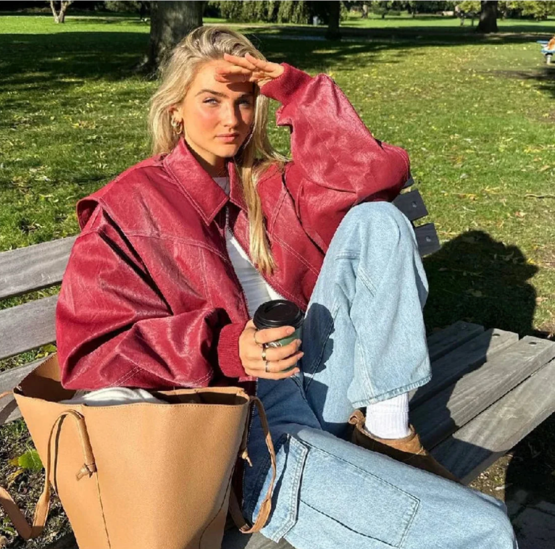 Valentina Ricci | Oversized Red Leather Jacket for Women 4