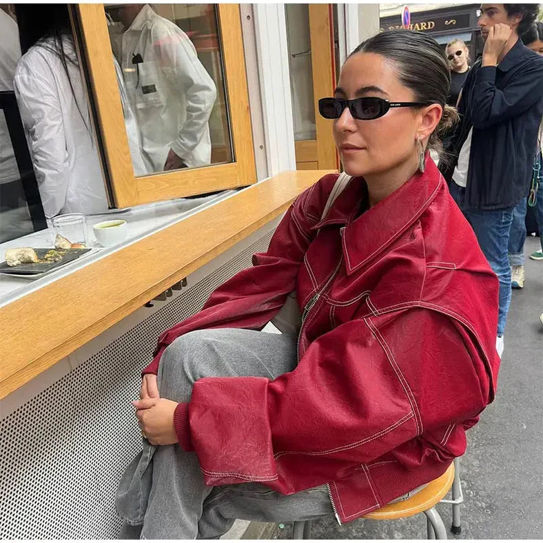 Valentina Ricci | Oversized Red Leather Jacket for Women 8