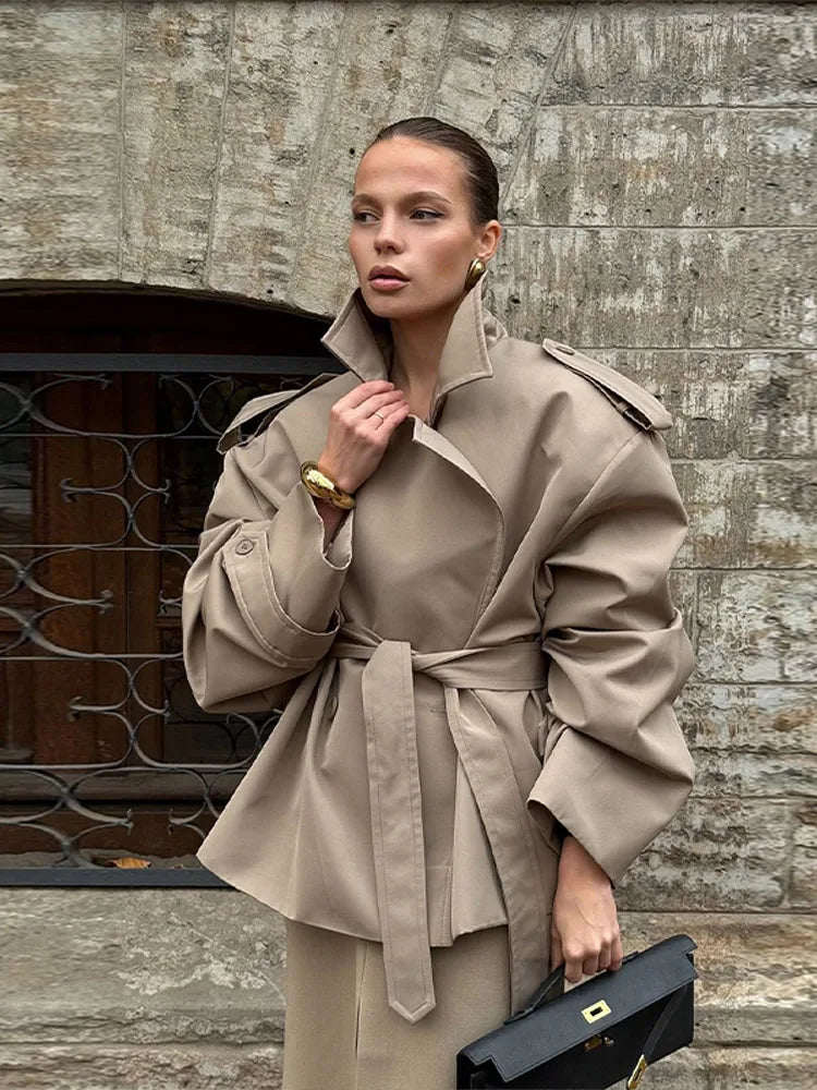 Vintage Women's Short Trench Coat with Turn-Down Collar and Shoulder Pads - Chic Women's Jacket 2