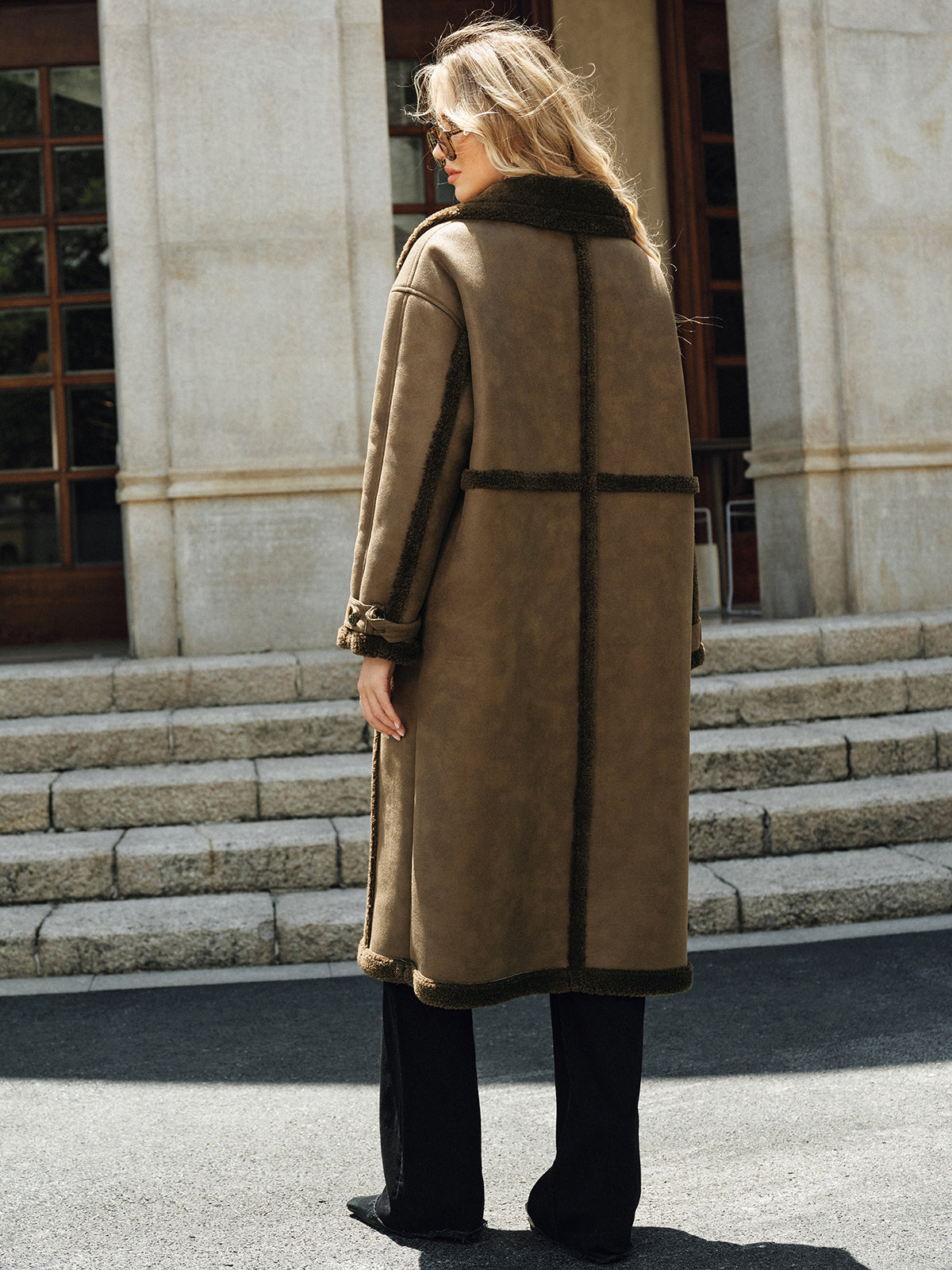 Violette | Double-Breasted Fleece Lined Faux PU Longline Coat 4