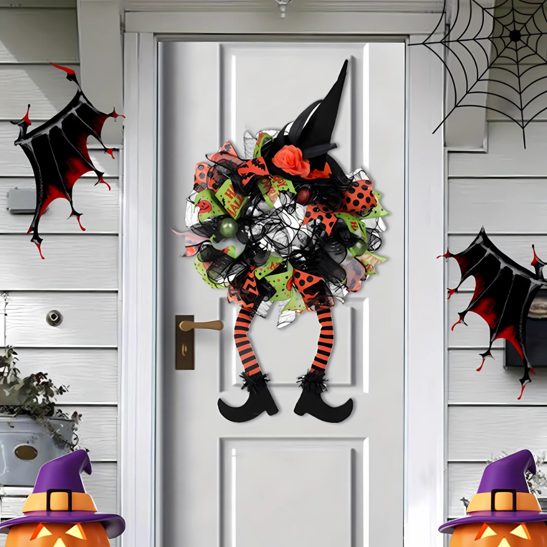 Whimsical Witch Mesh Wreath – Halloween Front Door Decoration for Festive Fun 0
