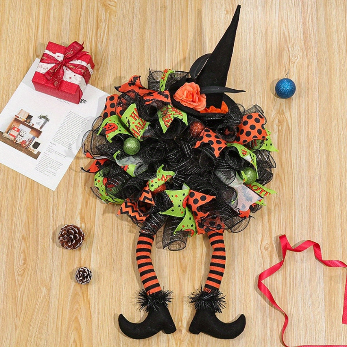 Whimsical Witch Mesh Wreath – Halloween Front Door Decoration for Festive Fun 1