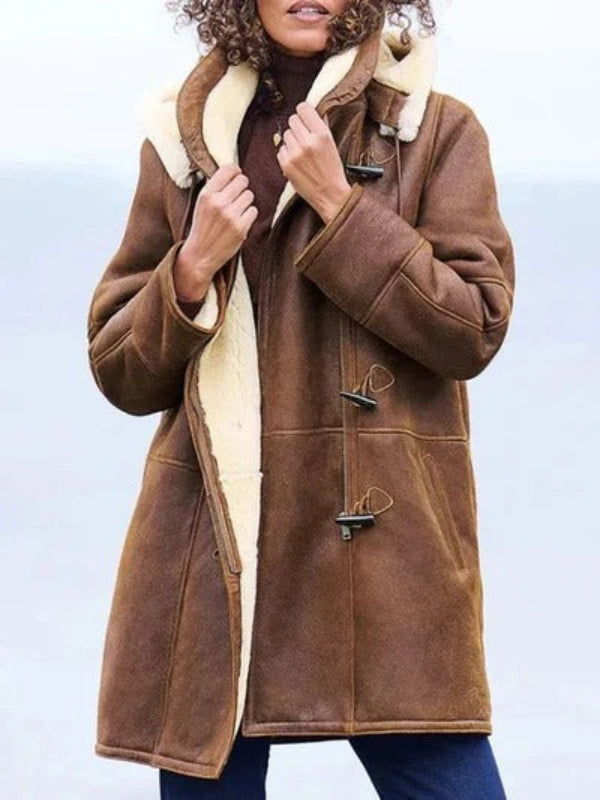 Women's Hooded Long Jacket with Shearling Lining – Relaxed Fit Winter Coat for Casual Wear 0