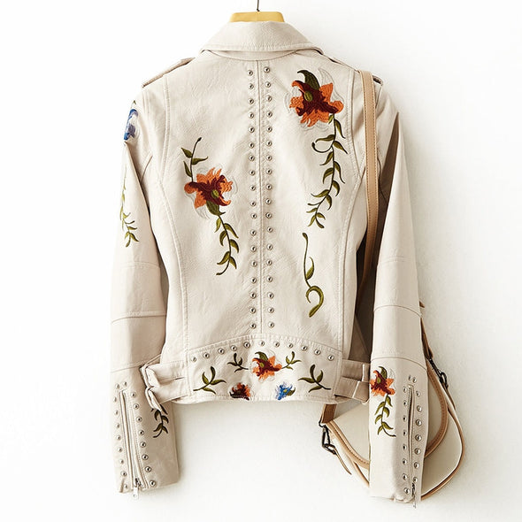 Women's Leather Jacket With Embroidery And Studs 1