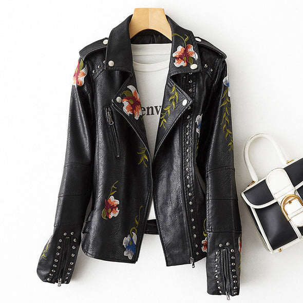 Women's Leather Jacket With Embroidery And Studs 4