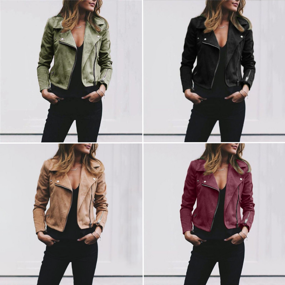 Women's Leather Jacket with Asymmetrical Zip and Lapel Collar 6