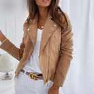 Women's Stylish Zip-Up Leather Jacket with Button Details 0
