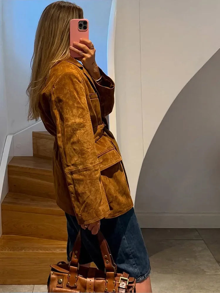 Women's Suede Belted Coat with Pockets – Long Sleeve Lapel Jacket for Autumn Style 3