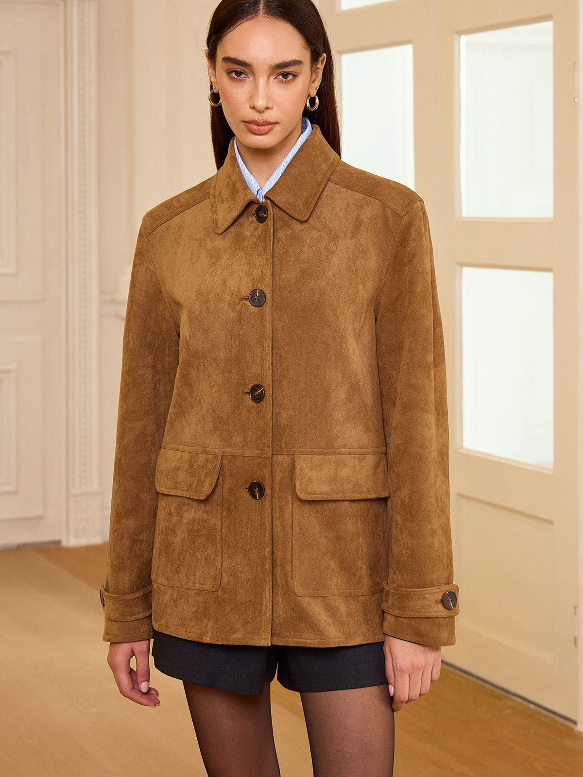 Akira | Collared Button-Front Suede Blazer 5