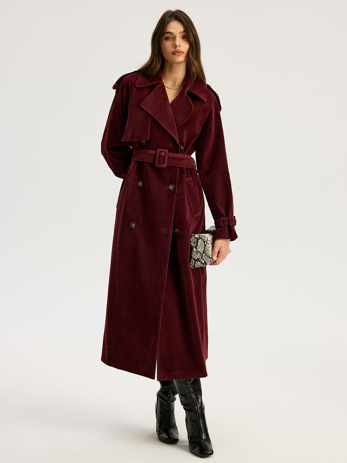 Belted Double-Breasted Suede Long Trench Coat 0