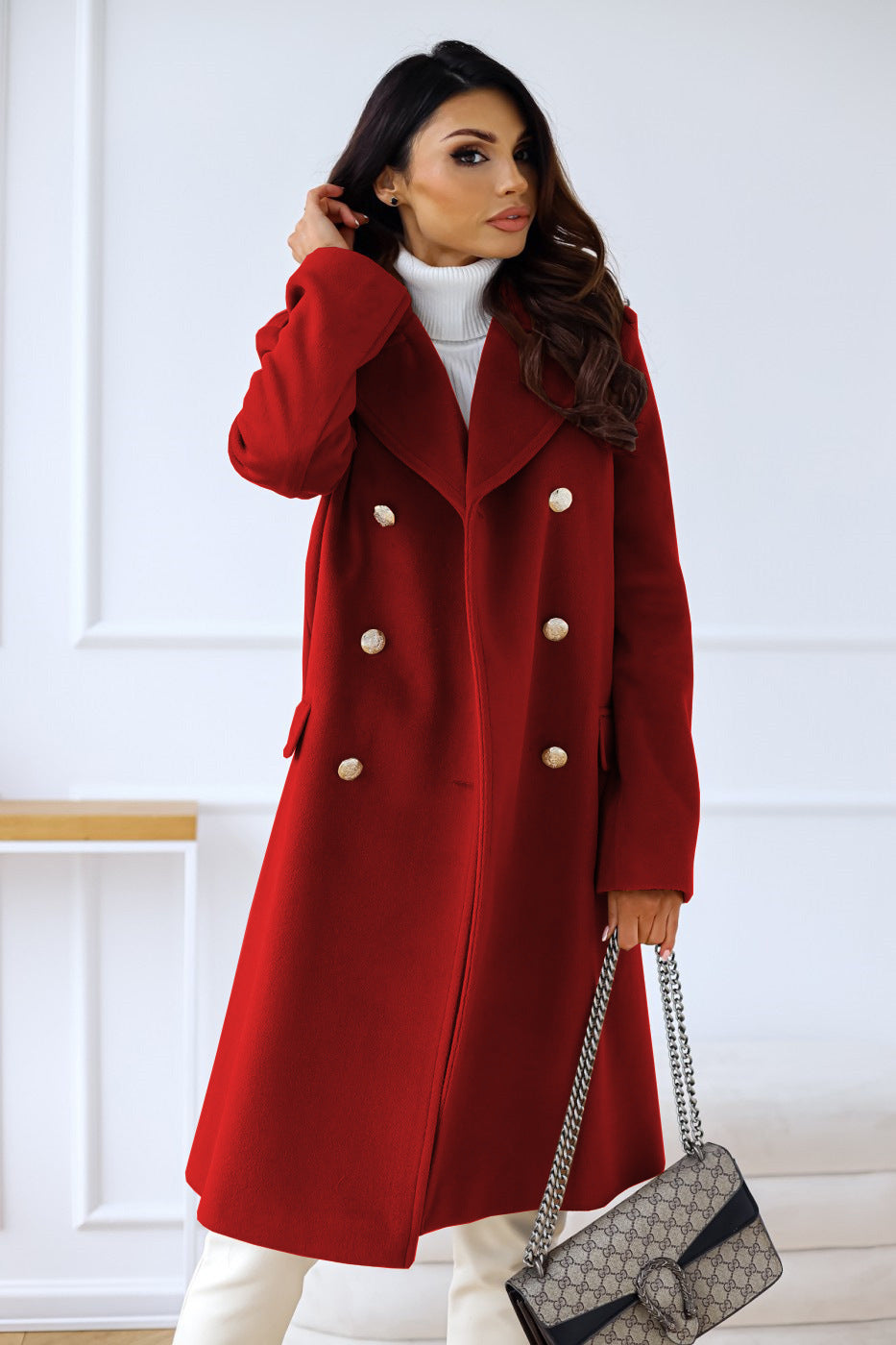 Double-breasted women's wool coat – long length, tailored and with classic lapels for office, everyday and leisure 4