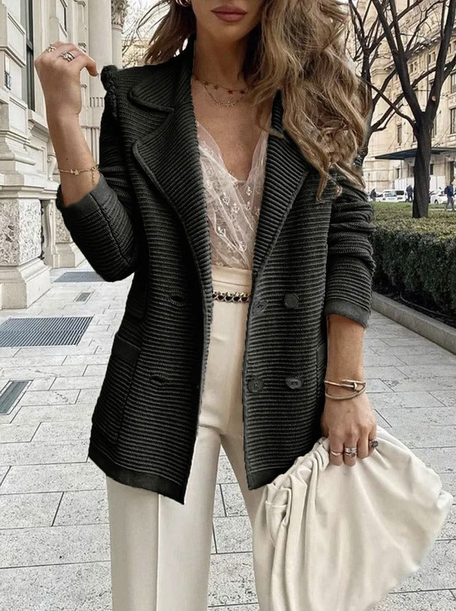 Elegant Women’s Double-Breasted Jacket – Tailored Ribbed Blazer with Lapel Collar for Work & Casual Wear 0