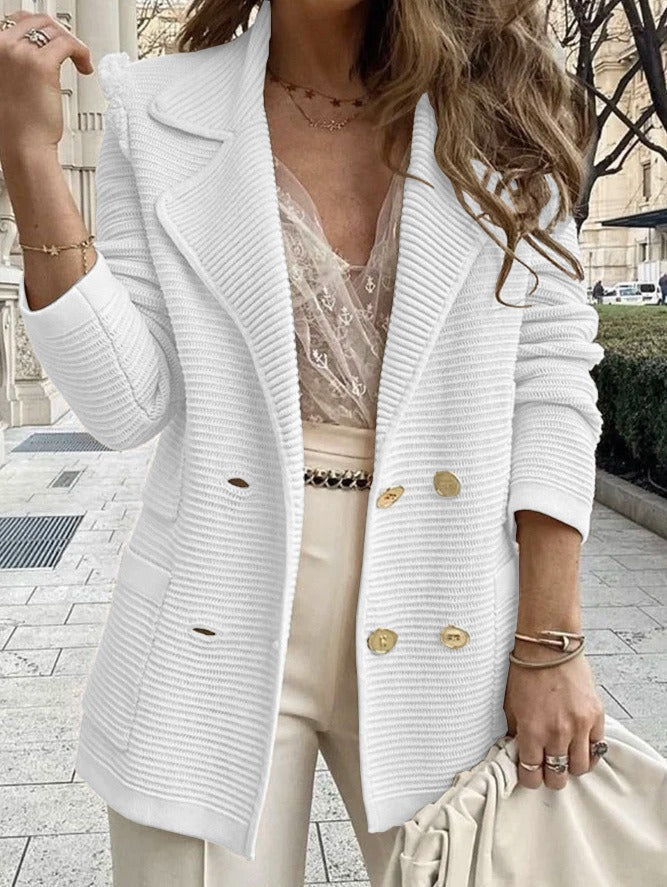 Elegant Women’s Double-Breasted Jacket – Tailored Ribbed Blazer with Lapel Collar for Work & Casual Wear 1