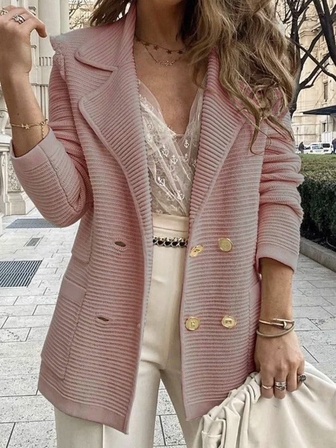 Elegant Women’s Double-Breasted Jacket – Tailored Ribbed Blazer with Lapel Collar for Work & Casual Wear 3