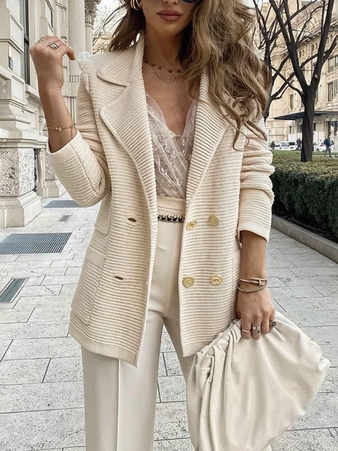 Elegant Women’s Double-Breasted Jacket – Tailored Ribbed Blazer with Lapel Collar for Work & Casual Wear 4