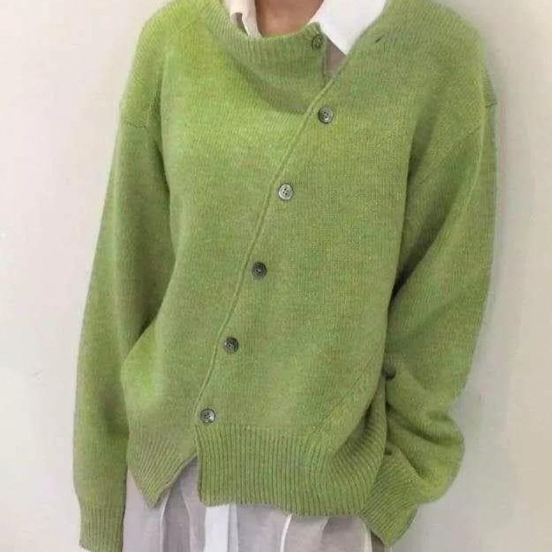 Elegant Women’s Wool Blend Knit Coat – Relaxed Fit Asymmetrical Button Jacket for Winter 1