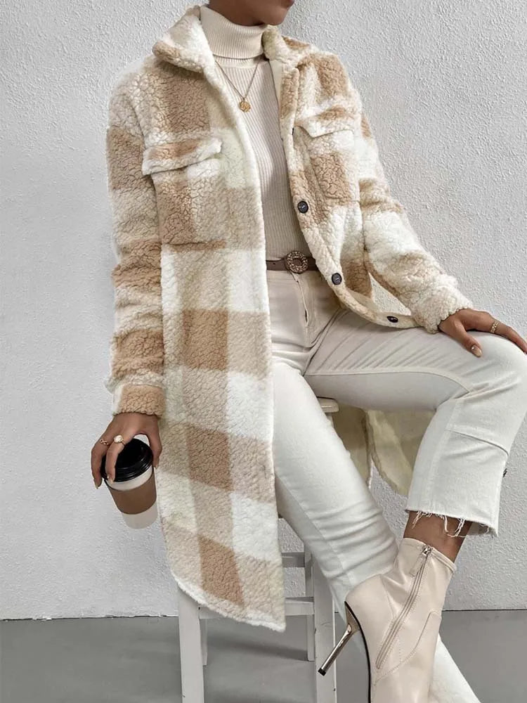 Evelyne | Cozy Women's Teddy Fleece Coat – Long Plaid Design for Winter 3