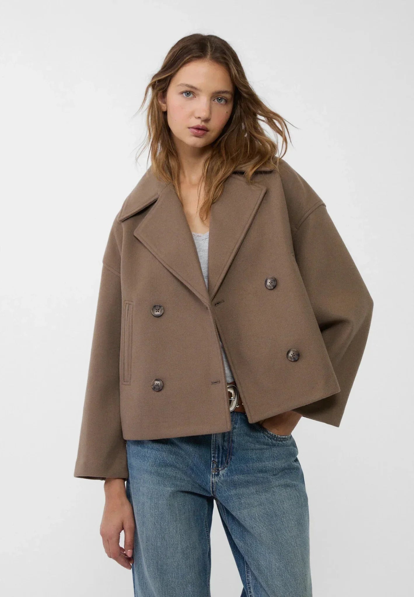 Fashionable wool-look transitional jacket for women – boxy cropped coat with oversized fit 4
