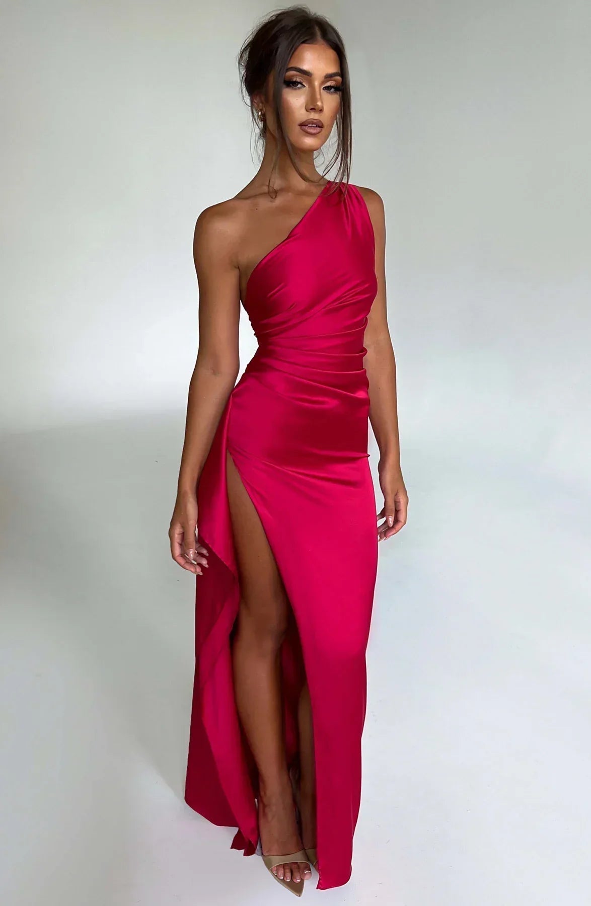JaidaSatin | Elegant Glossy One-Shoulder Evening Maxi Dress 0