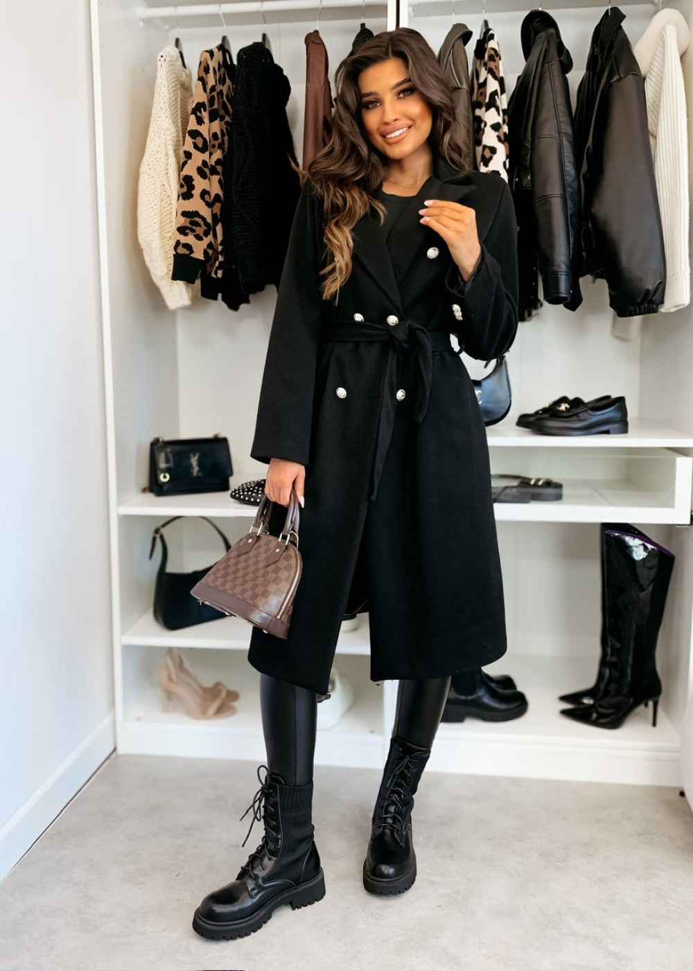 Knee-length women's wool coat – double-breasted, tailored and with belt for office, everyday and leisure 0