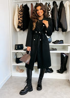 Knee-length women's wool coat – double-breasted, tailored and with belt for office, everyday and leisure 0
