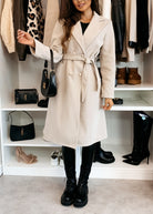 Knee-length women's wool coat – double-breasted, tailored and with belt for office, everyday and leisure 2