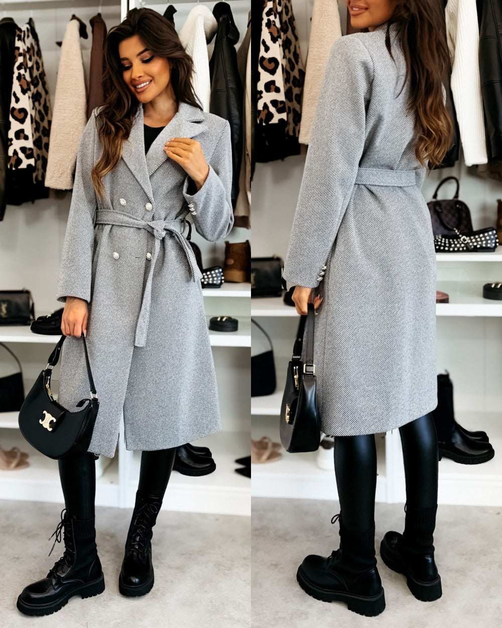 Knee-length women's wool coat – double-breasted, tailored and with belt for office, everyday and leisure 3