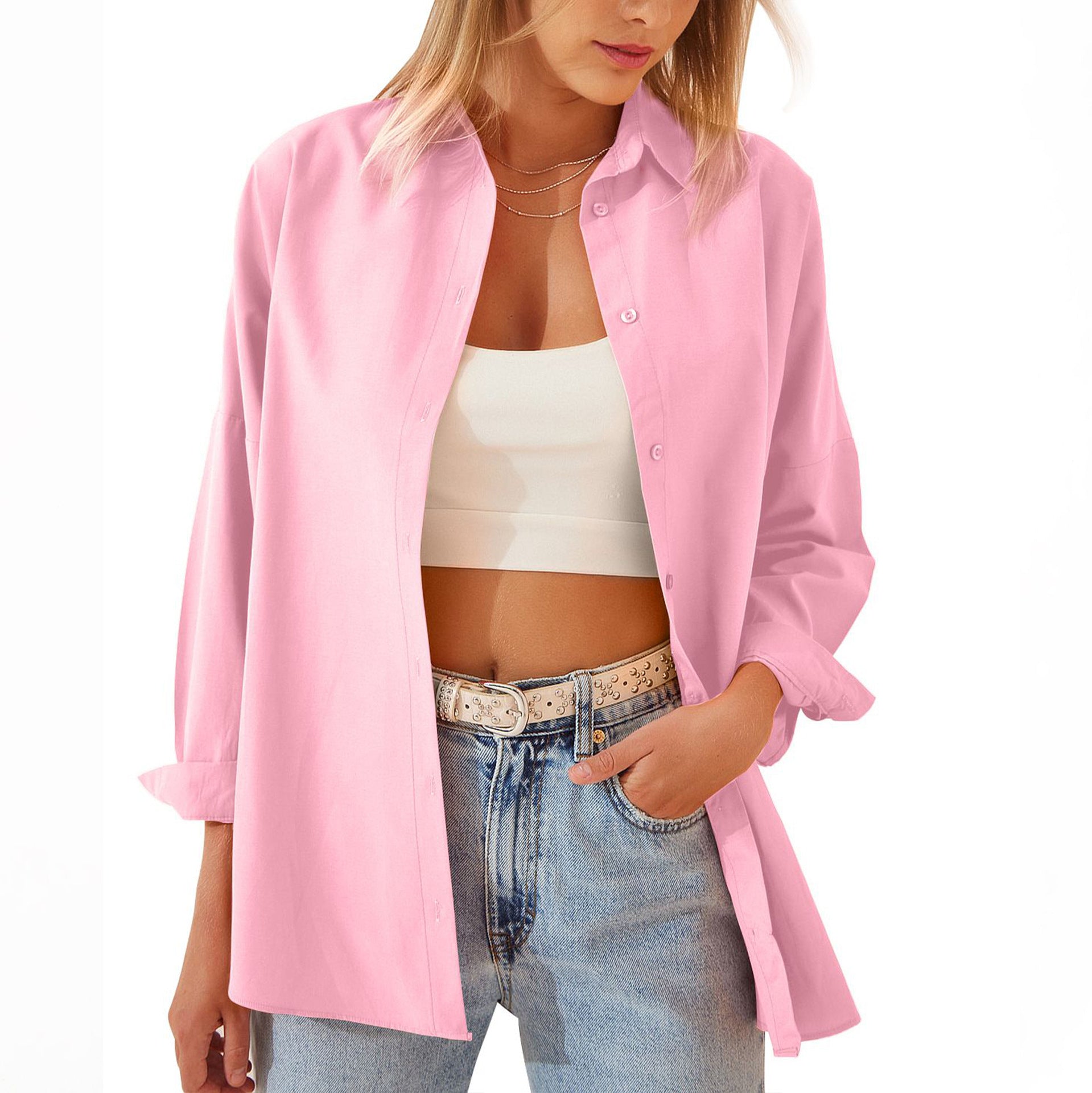 Lightweight Cotton-Blend Women’s Oversized Shirt – Button-Down Long Sleeve Top with Rolled Sleeves for Casual Outfits 0