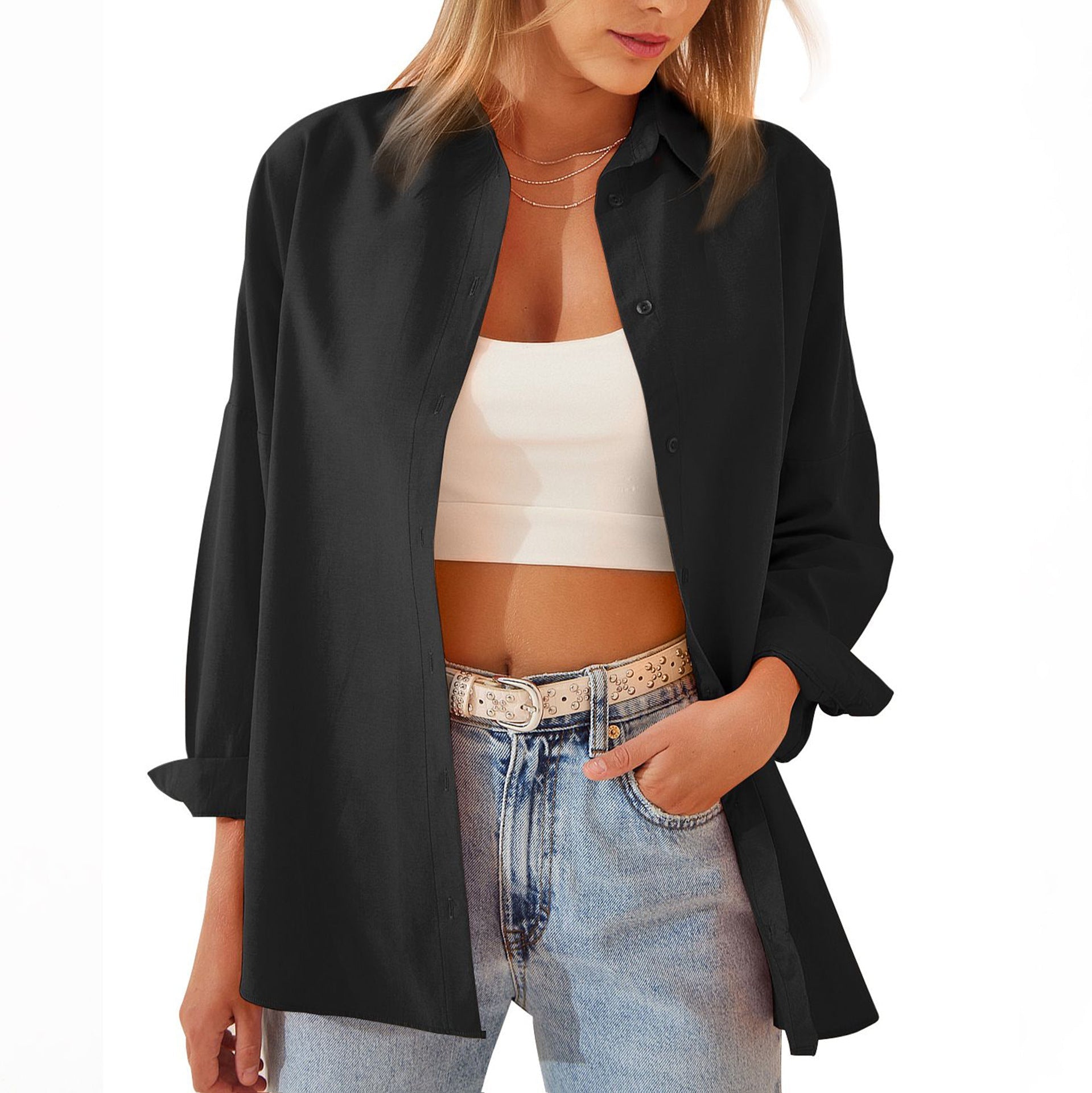 Lightweight Cotton-Blend Women’s Oversized Shirt – Button-Down Long Sleeve Top with Rolled Sleeves for Casual Outfits 1