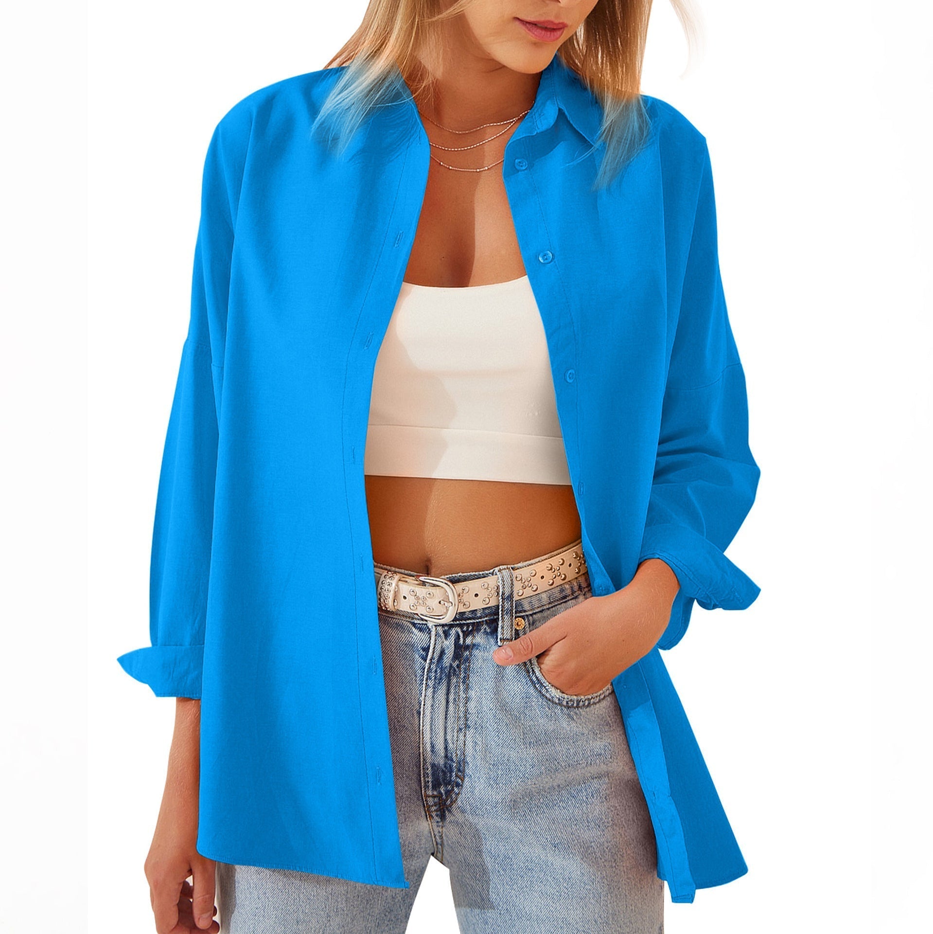 Lightweight Cotton-Blend Women’s Oversized Shirt – Button-Down Long Sleeve Top with Rolled Sleeves for Casual Outfits 2