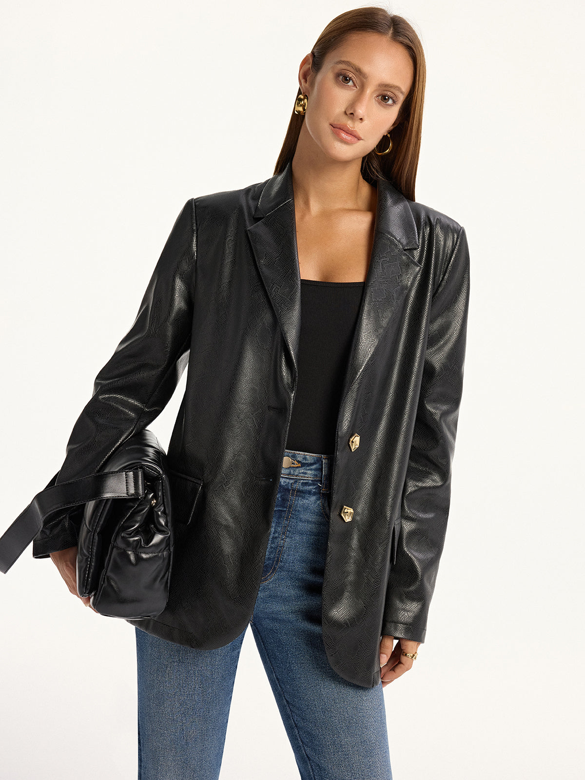 Maddison | Snake Print Metal Button PU Leather Blazer 0