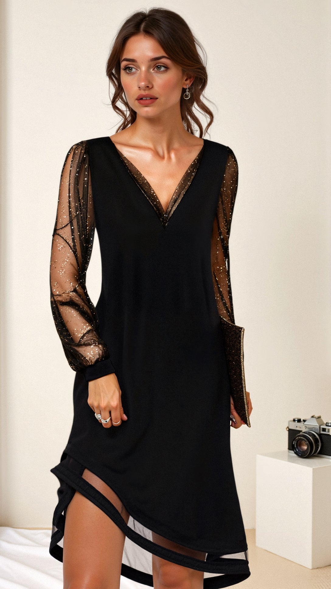 Matilda | Elegant Shimmering Black Mini Dress with Sheer Sleeves 0