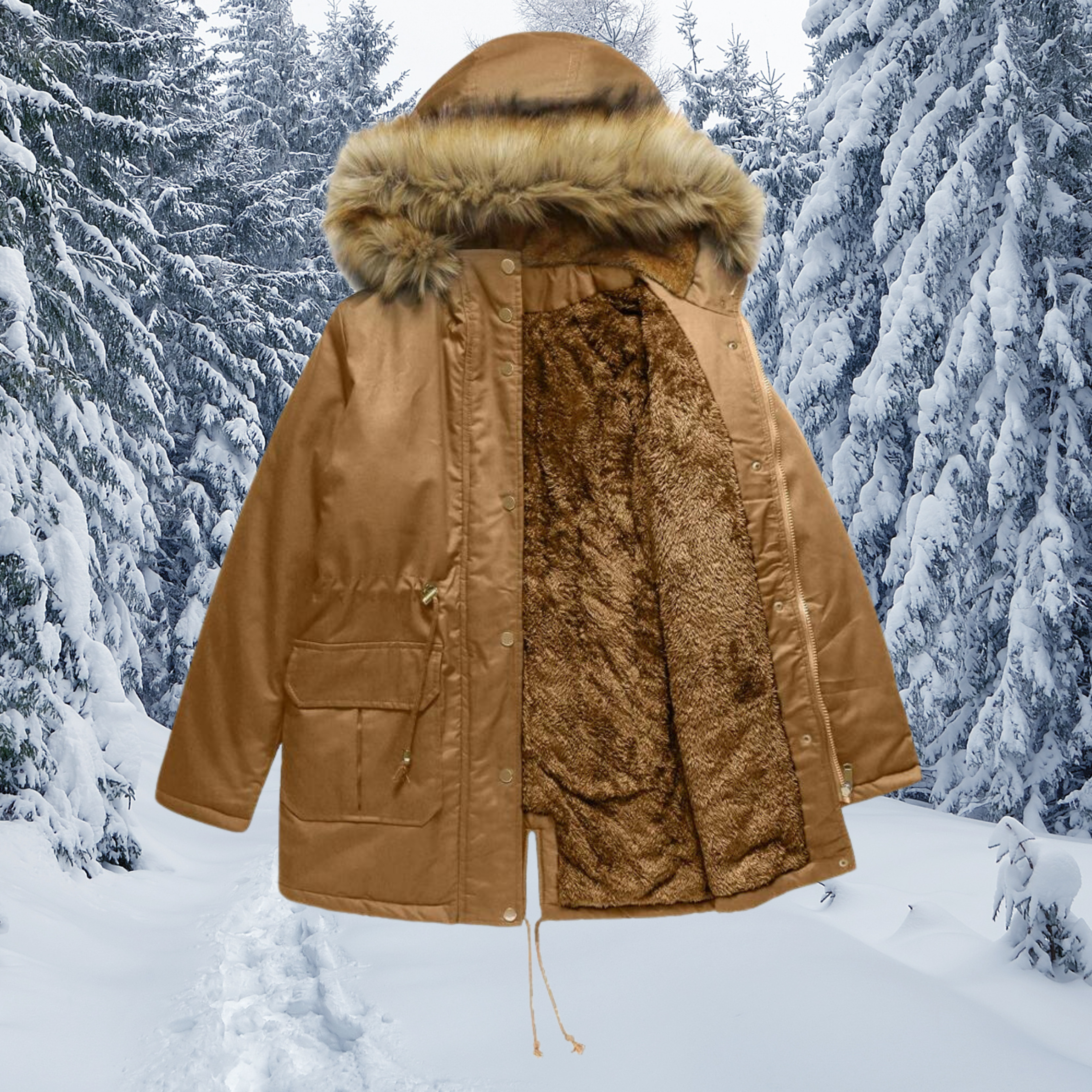 Padded fur collar with hood Warm winter jacket 0