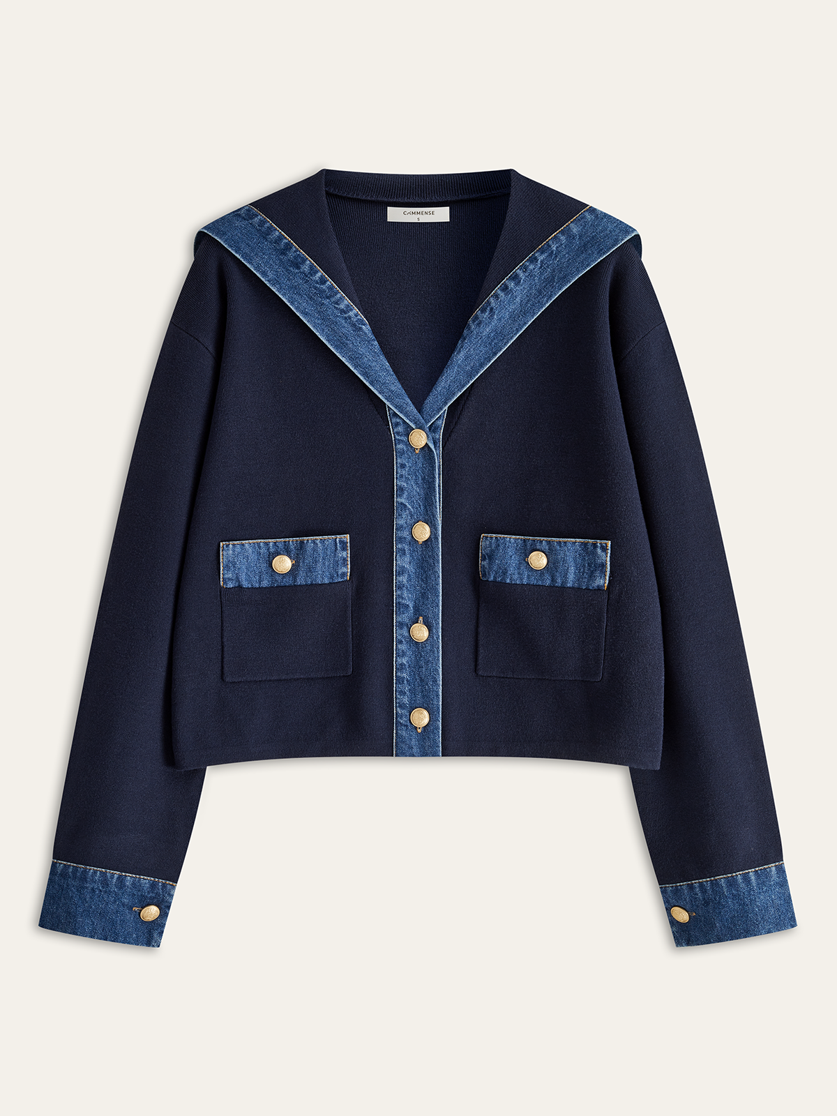Racy | Sailor Collar Denim Trim Knit Outerwear 0