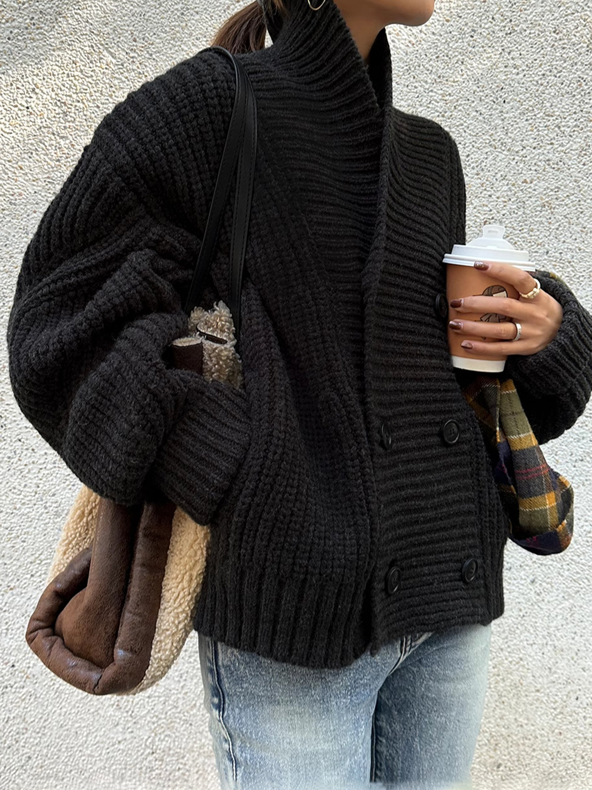 Ribbed Lapel Button Knit Outerwear 0