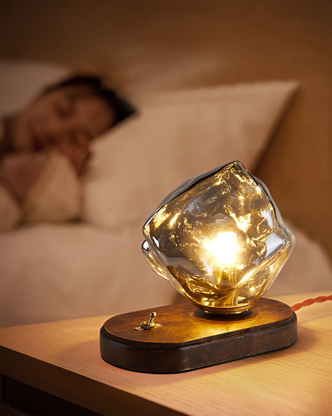 RusticLume – Amber Glass and Wooden Table Lamp 0