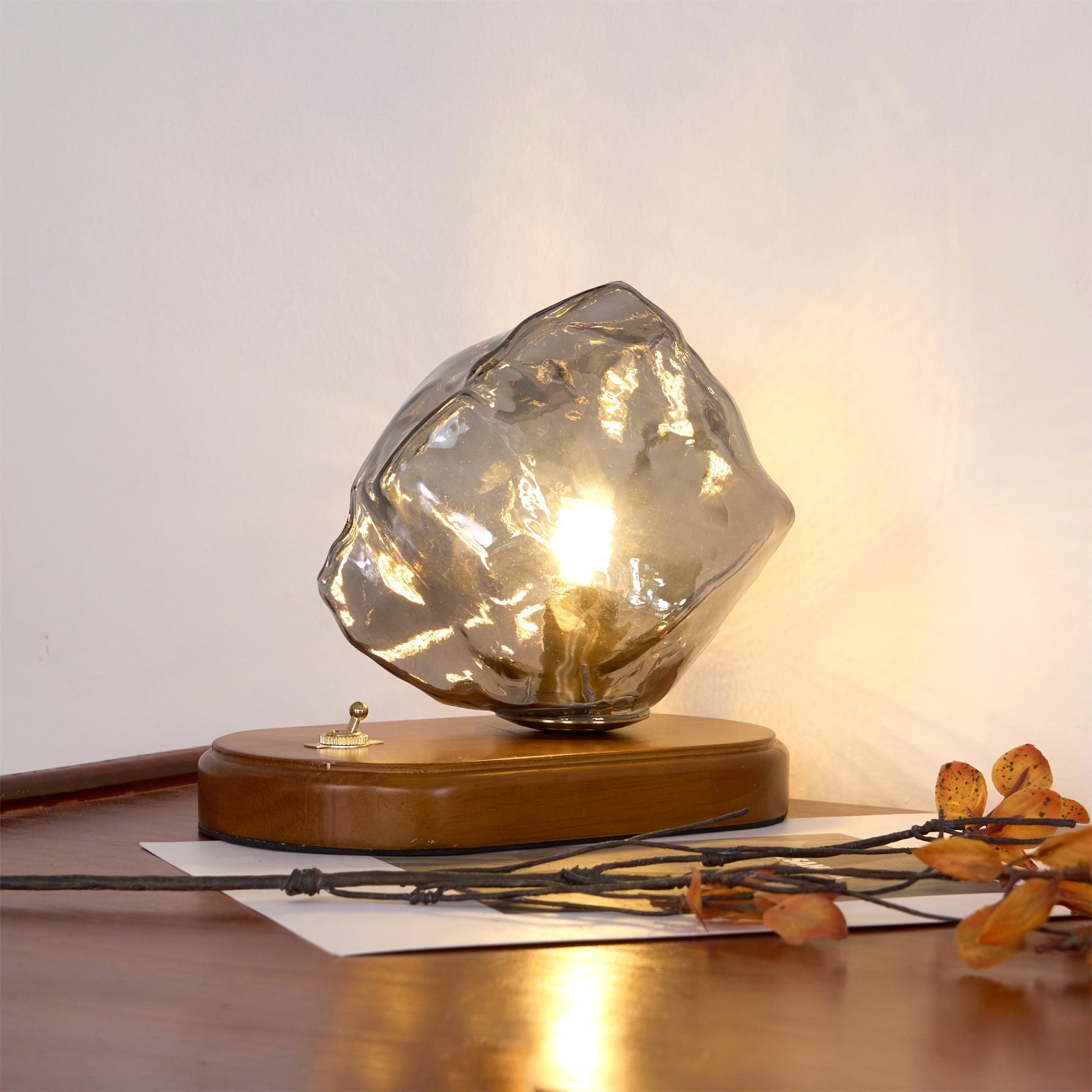 RusticLume – Amber Glass and Wooden Table Lamp 9